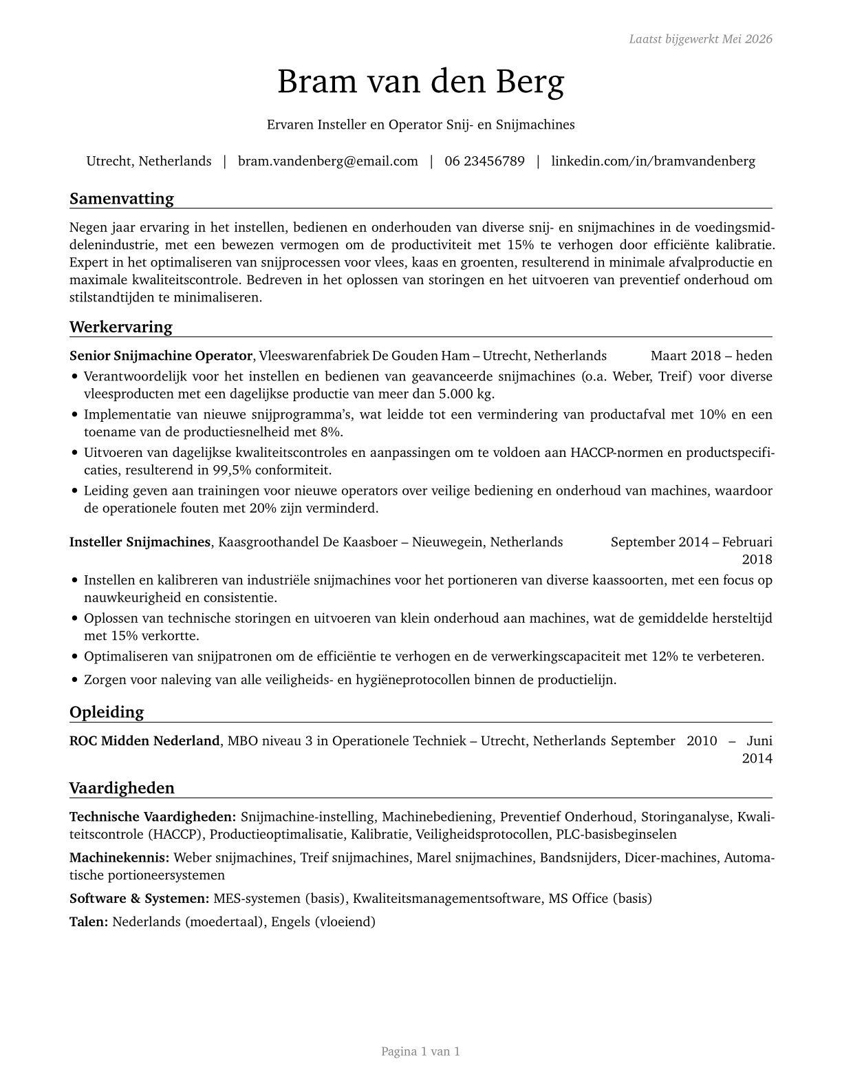 Cutting and Slicing Machine Setters, Operators, and Tenders CV in Dutch — page 1