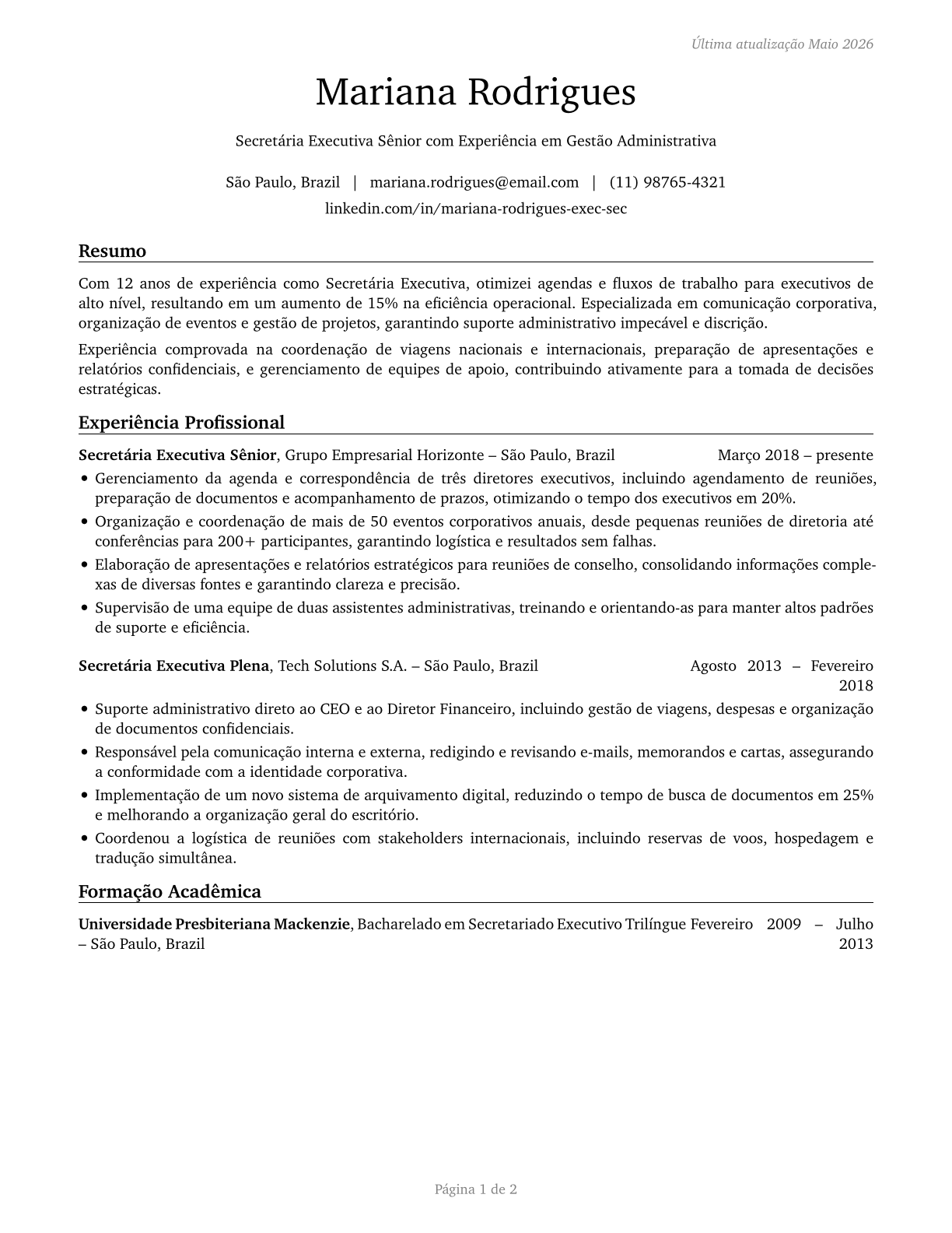 Executive Secretaries and Executive Administrative Assistants CV in Portuguese — page 1