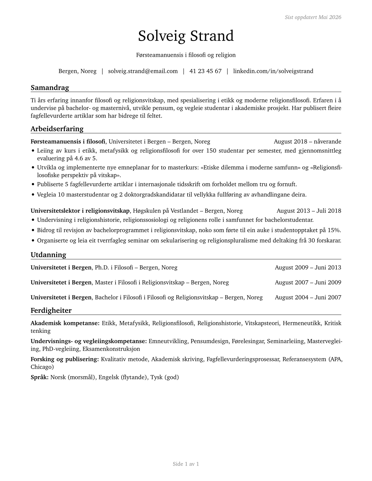 Philosophy and Religion Teachers, Postsecondary CV in Norwegian_nynorsk — page 1