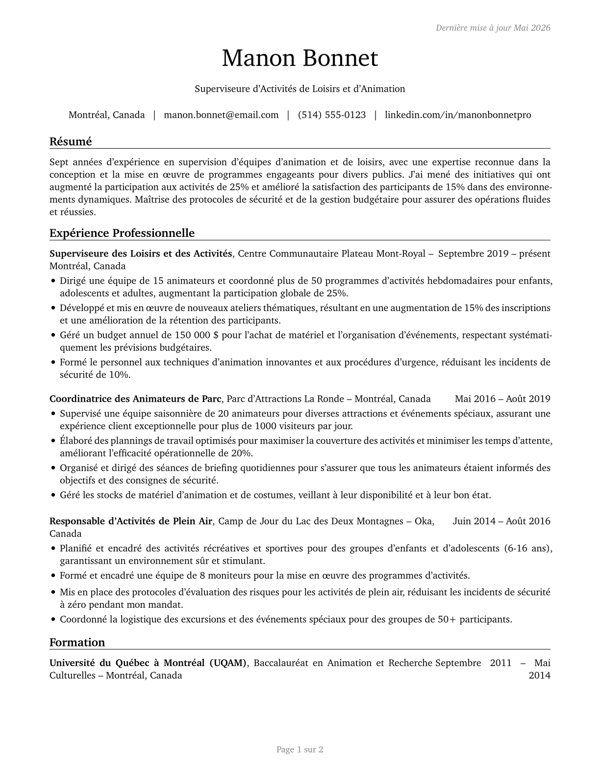 First-Line Supervisors of Entertainment and Recreation Workers, Except Gambling Services CV in French — page 1