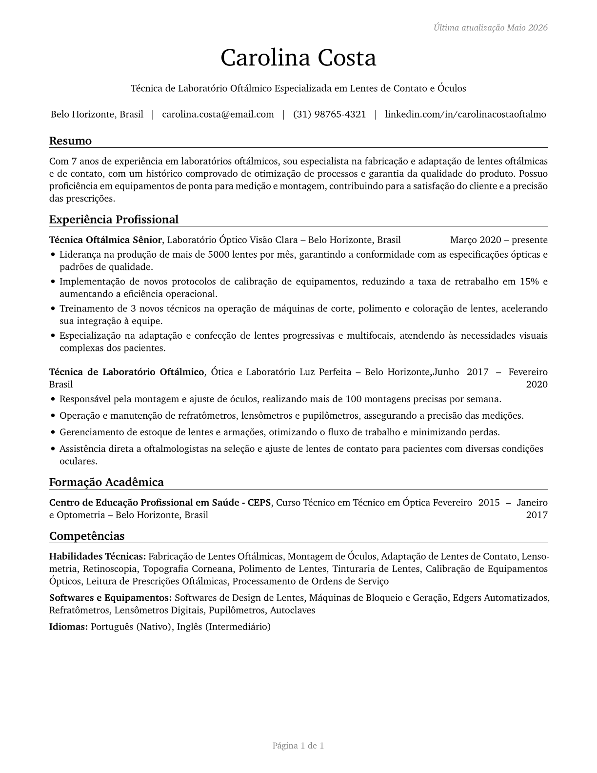 Ophthalmic Laboratory Technicians CV in Portuguese — page 1