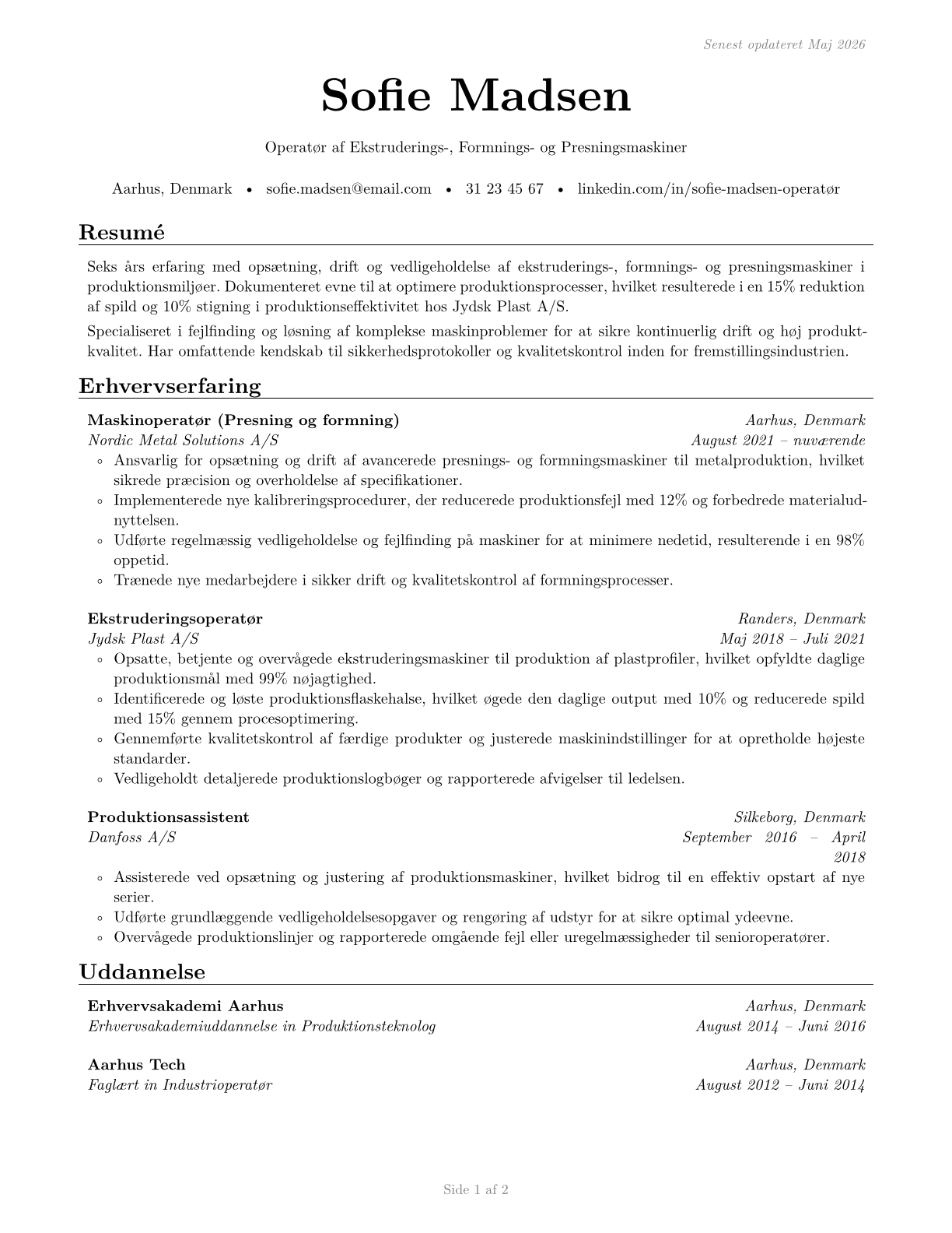 Extruding, Forming, Pressing, and Compacting Machine Setters, Operators, and Tenders CV in Danish — page 1