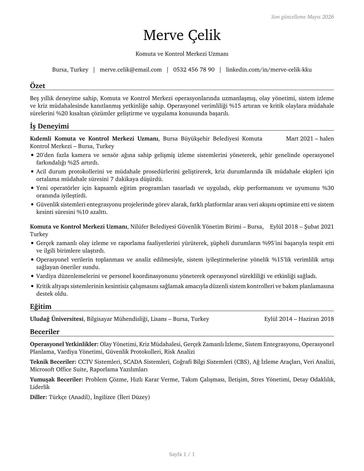 Command and Control Center Specialists CV in Turkish — page 1