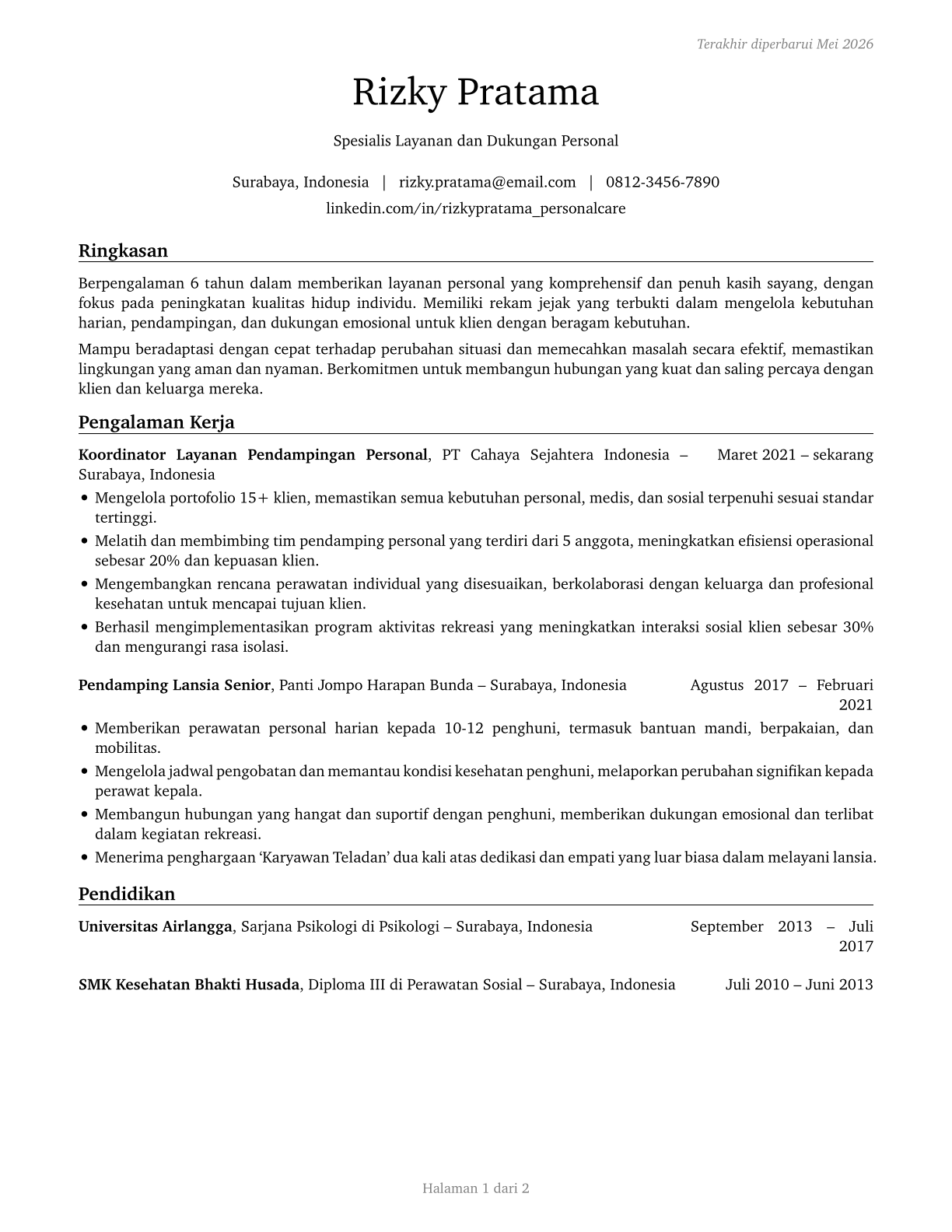 Personal Care and Service Workers, All Other CV in Indonesian — page 1