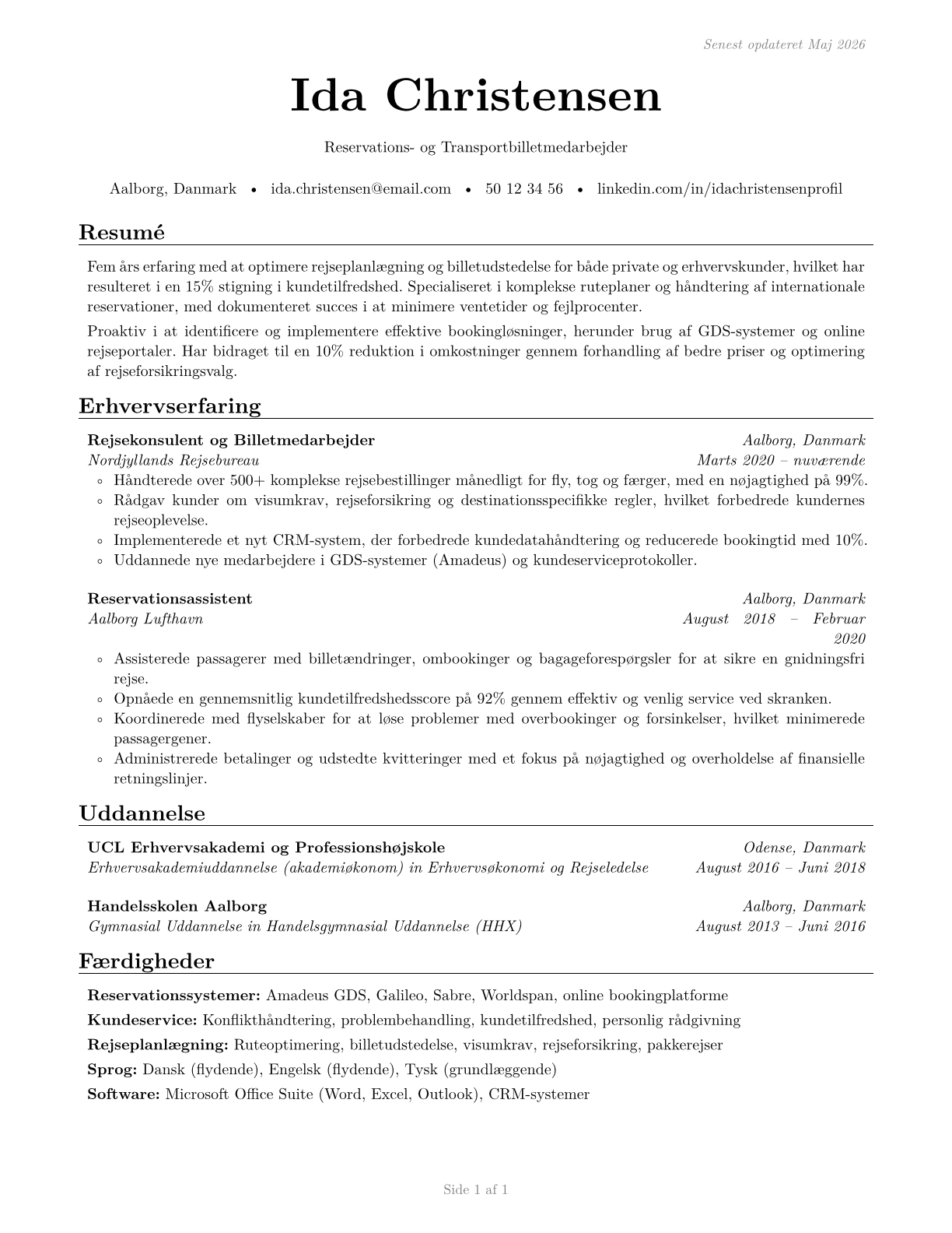 Reservation and Transportation Ticket Agents and Travel Clerks CV in Danish — page 1