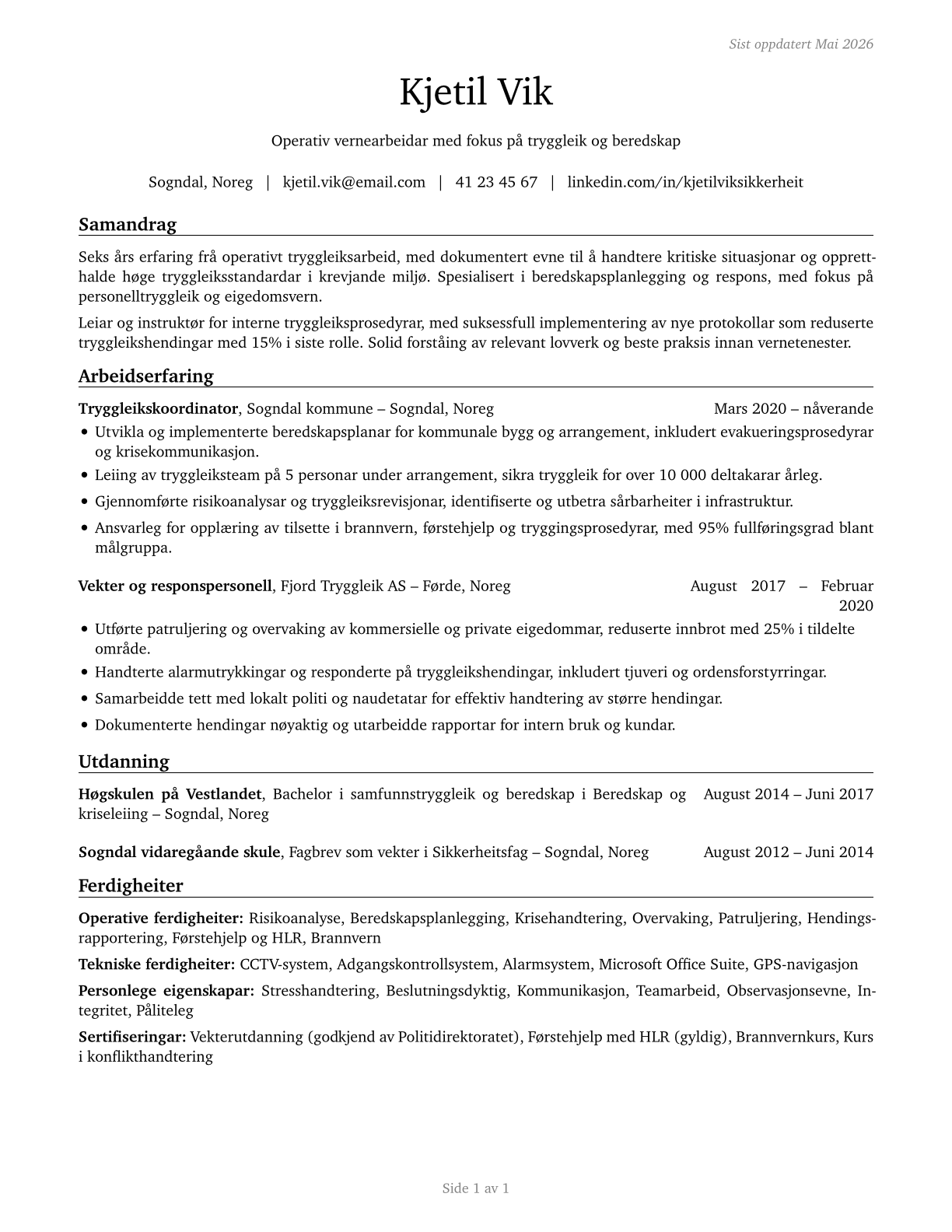 Protective Service Workers, All Other CV in Norwegian_nynorsk — page 1