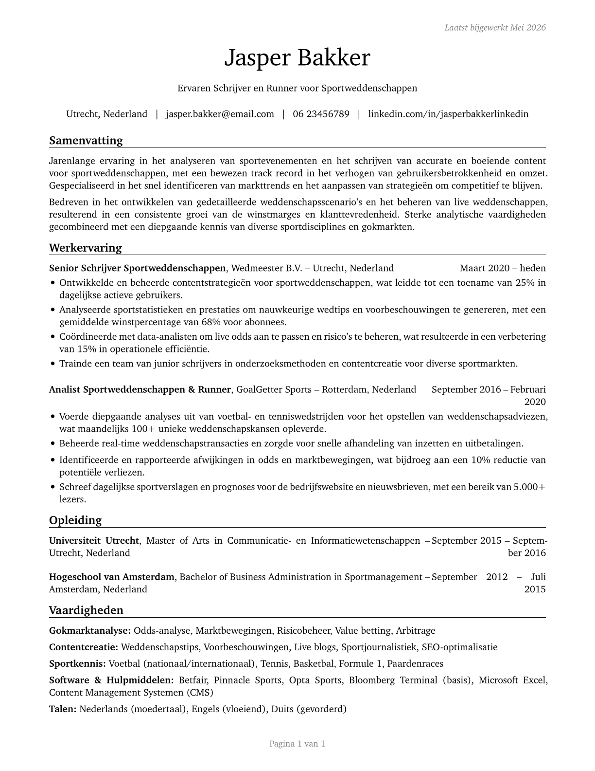 Gambling and Sports Book Writers and Runners CV in Dutch — page 1