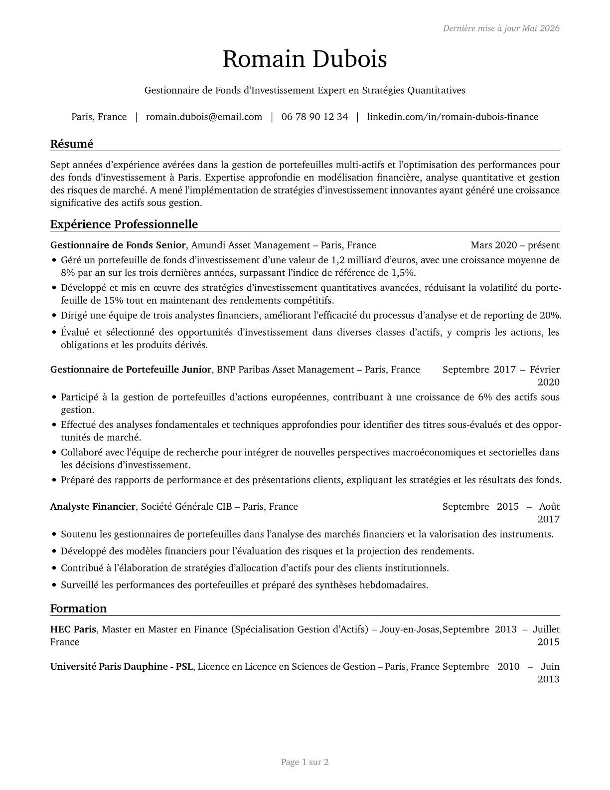 Investment Fund Managers CV in French — page 1