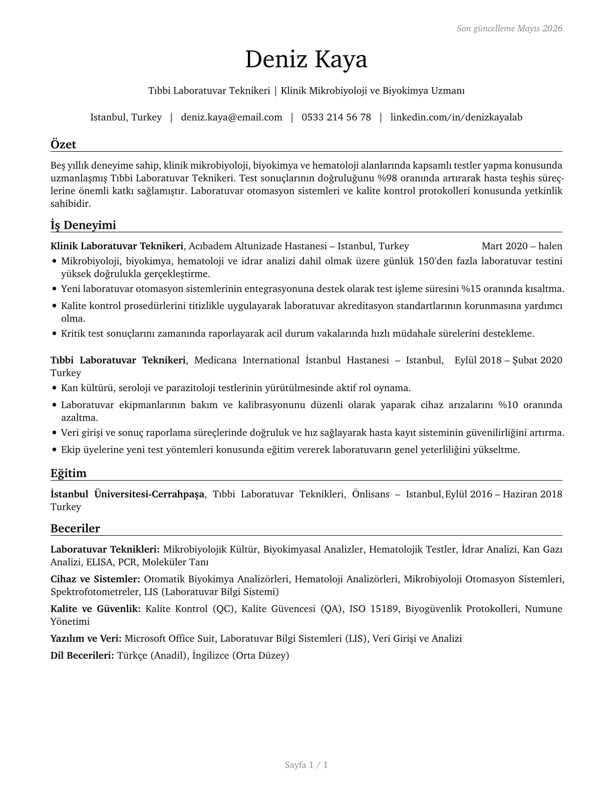Medical and Clinical Laboratory Technologists CV in Turkish — page 1