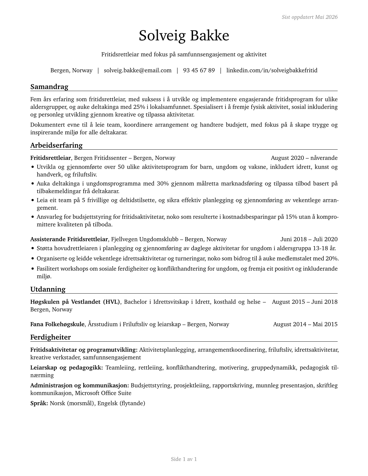 Recreation Workers CV in Norwegian_nynorsk — page 1