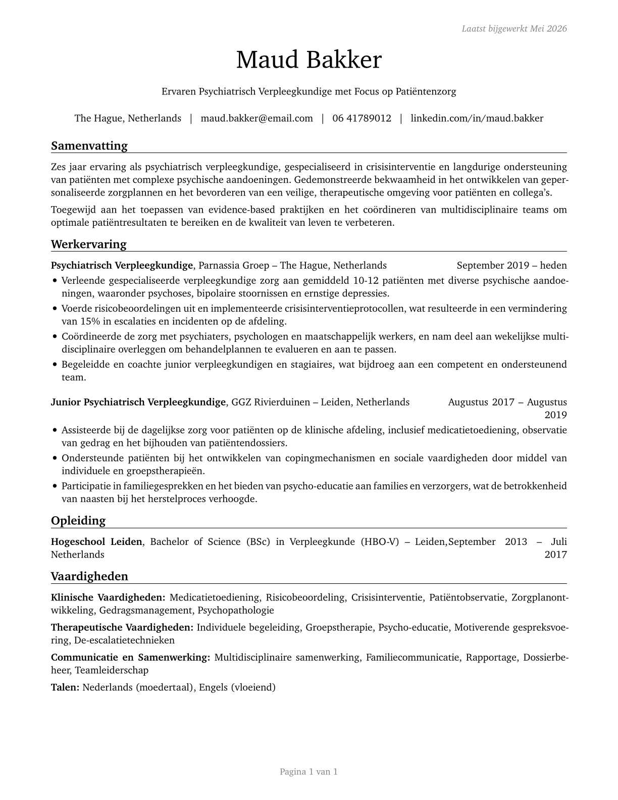 Psychiatric Technicians CV in Dutch — page 1