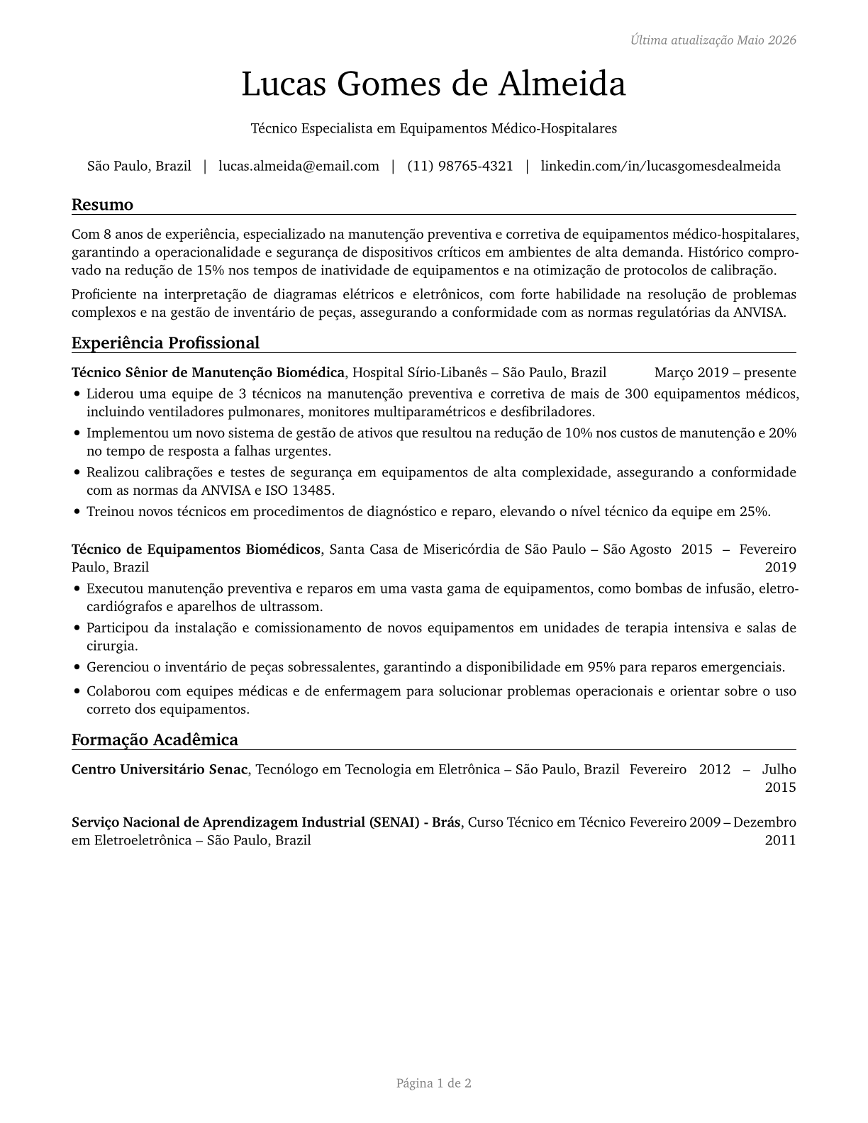 Medical Equipment Repairers CV in Portuguese — page 1