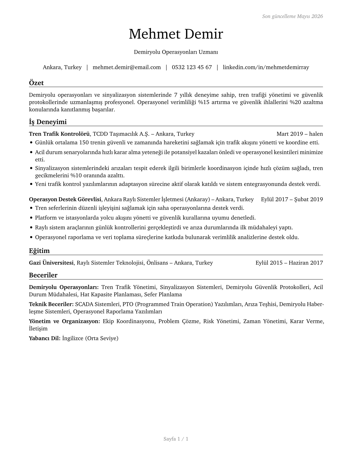 Rail Transportation Workers, All Other CV in Turkish — page 1