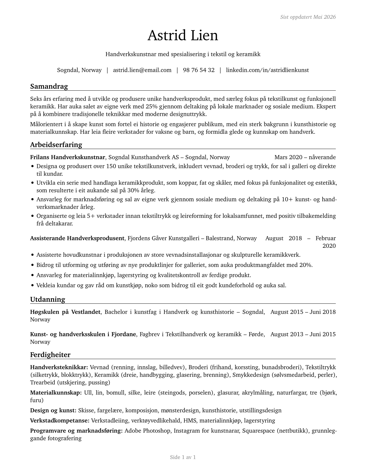 Craft Artists CV in Norwegian_nynorsk — page 1