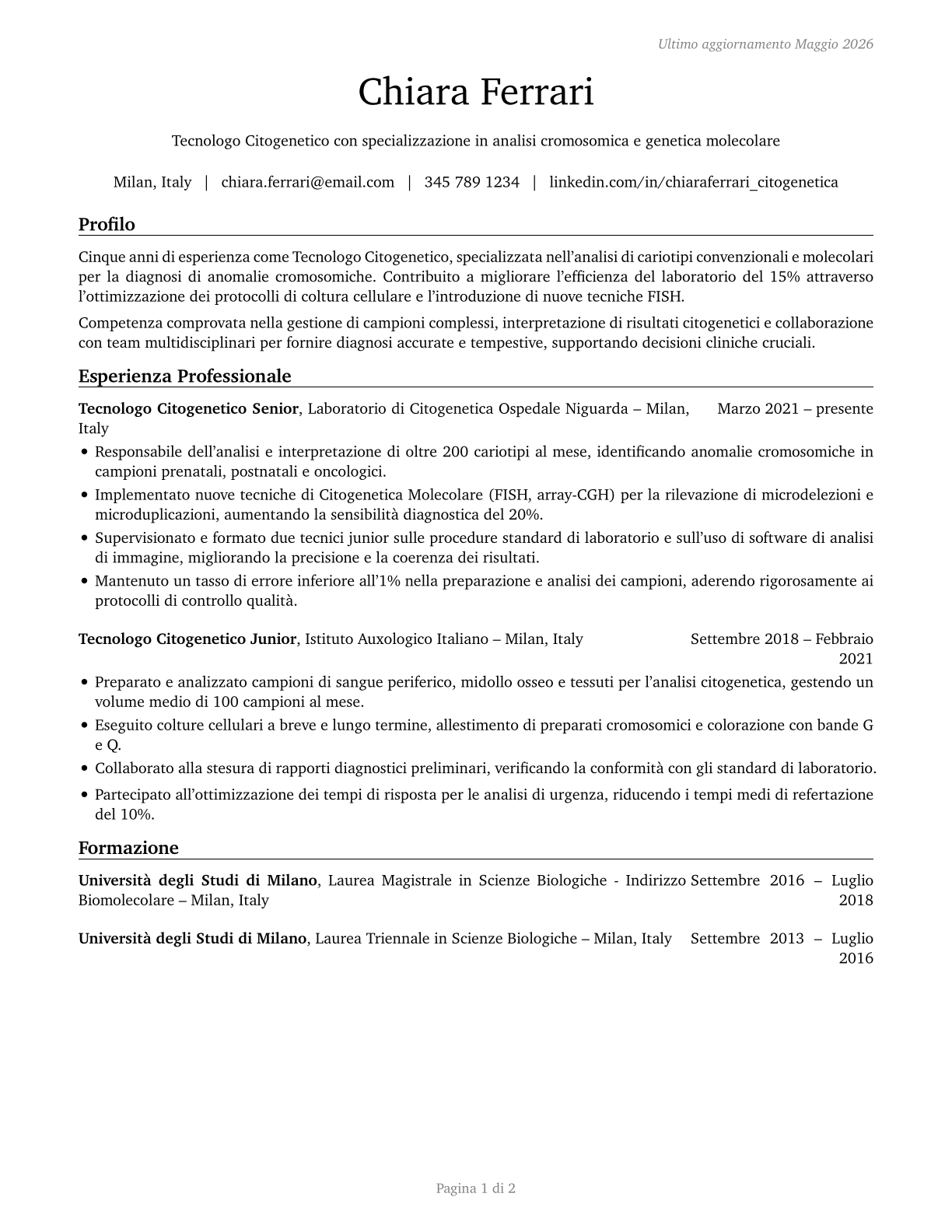 Cytogenetic Technologists CV in Italian — page 1