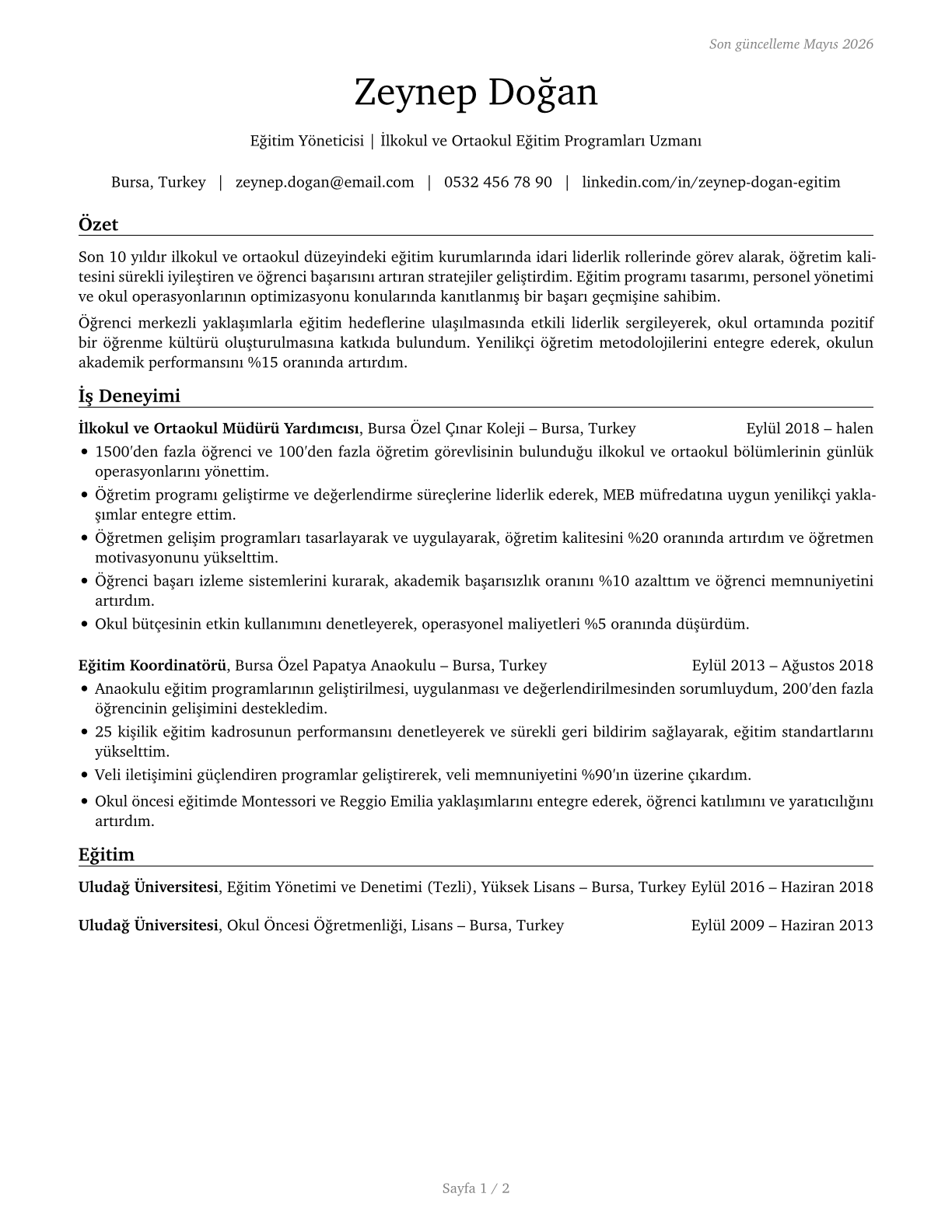 Education Administrators, Kindergarten through Secondary CV in Turkish — page 1