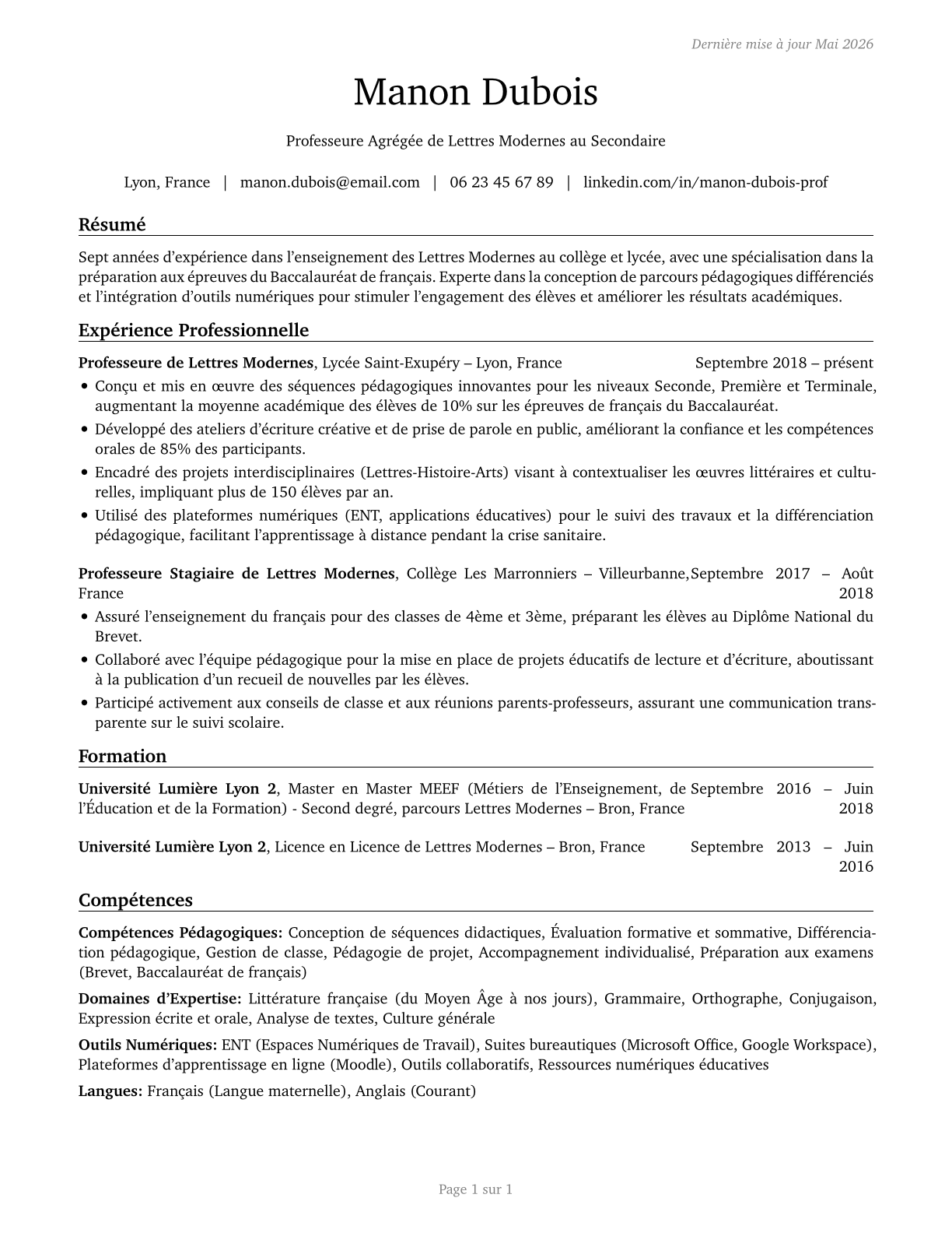 Secondary School Teachers, Except Special and Career/Technical Education CV in French — page 1