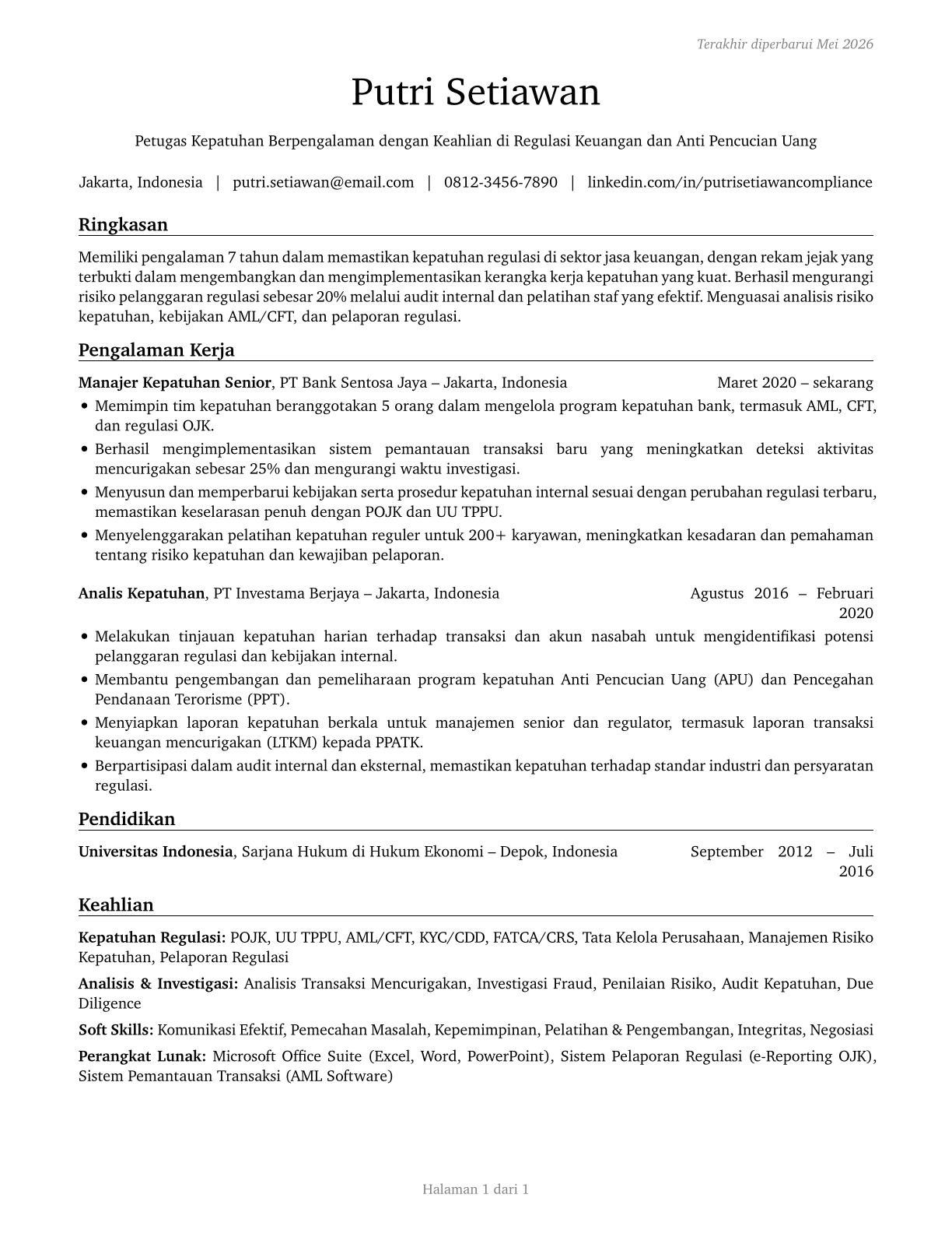 Compliance Officers CV in Indonesian — page 1