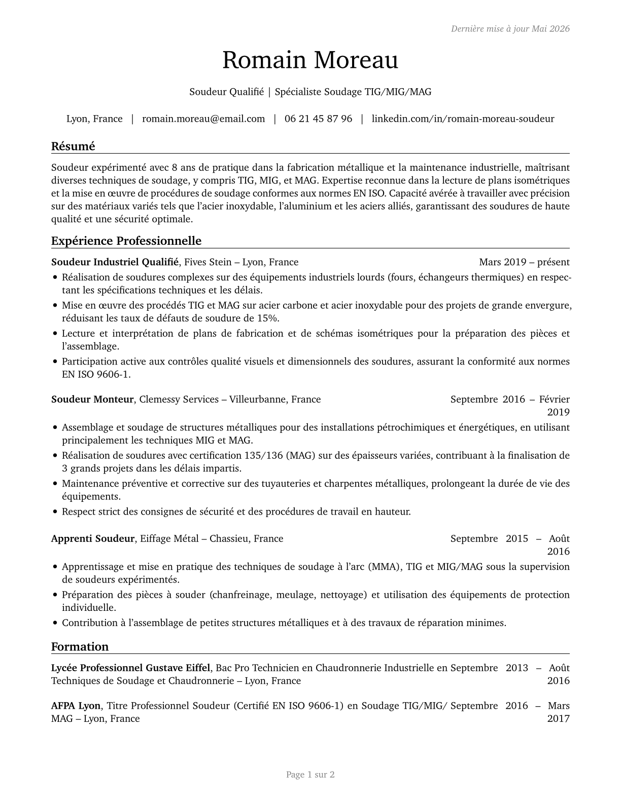 Welders, Cutters, Solderers, and Brazers CV in French — page 1
