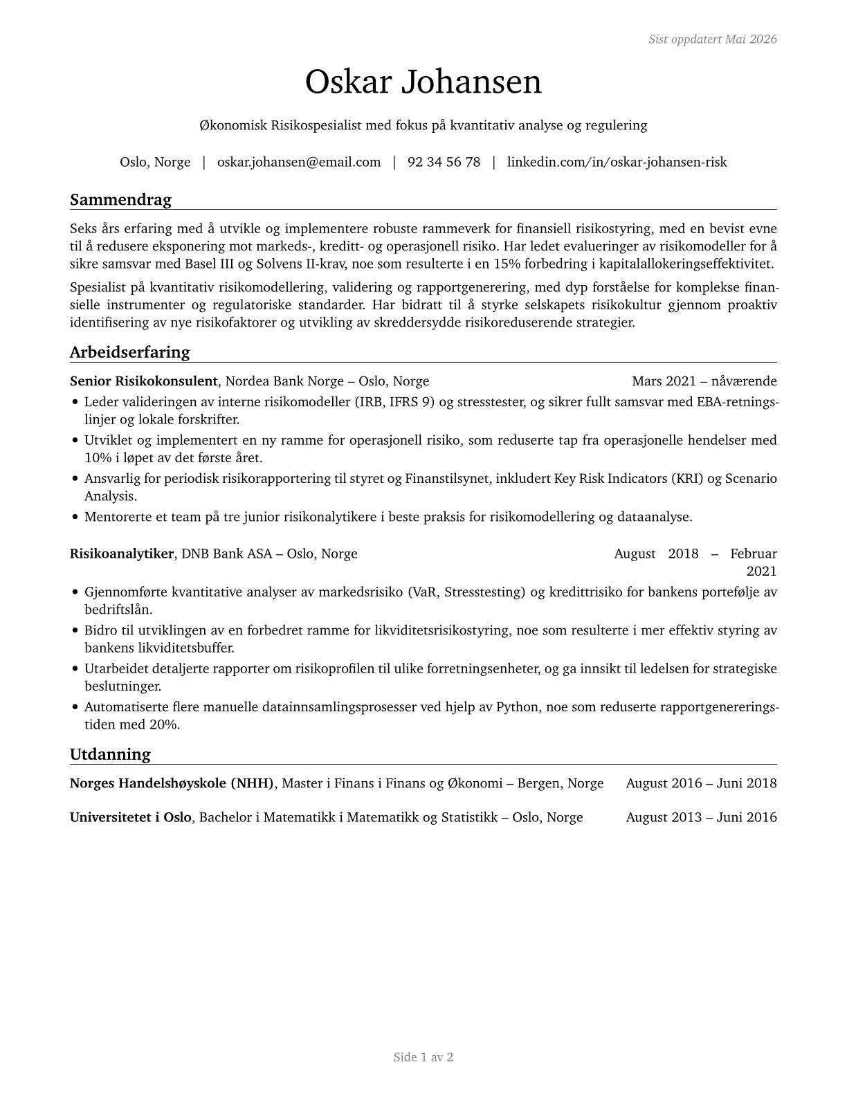 Financial Risk Specialists CV in Norwegian_bokmal — page 1