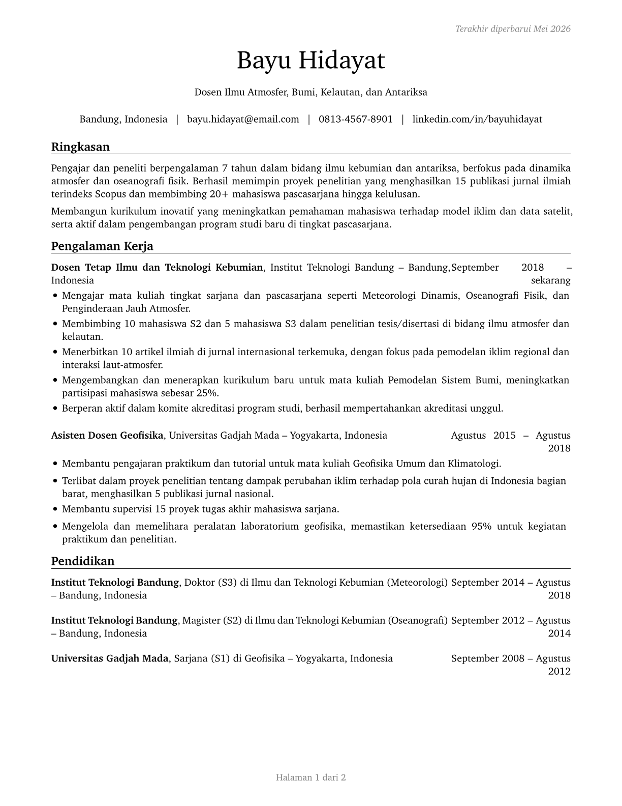 Atmospheric, Earth, Marine, and Space Sciences Teachers, Postsecondary CV in Indonesian — page 1