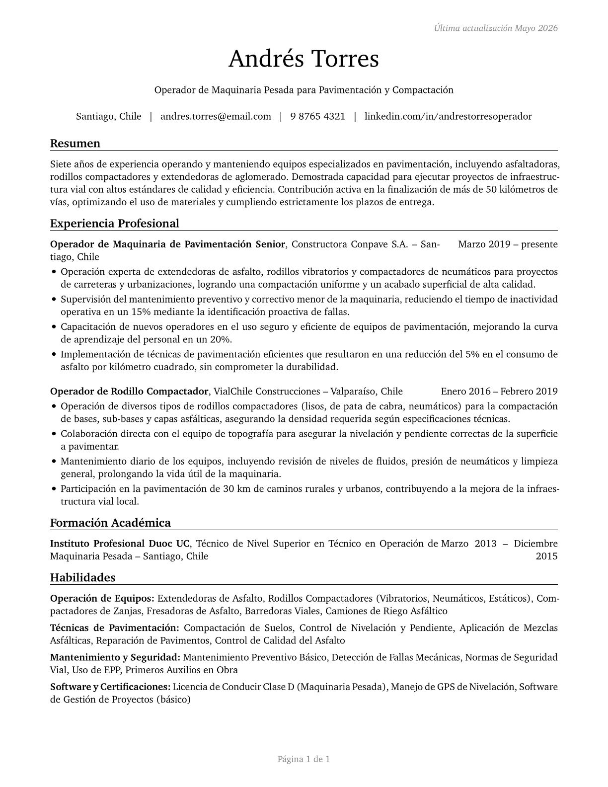 Paving, Surfacing, and Tamping Equipment Operators CV in Spanish — page 1