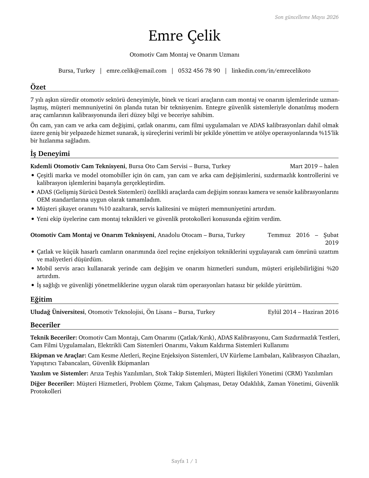 Automotive Glass Installers and Repairers CV in Turkish — page 1