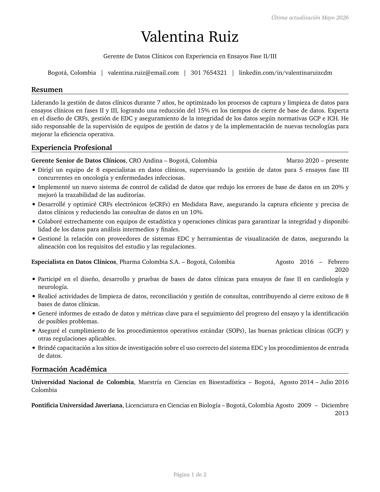Clinical Data Managers CV in Spanish — page 1