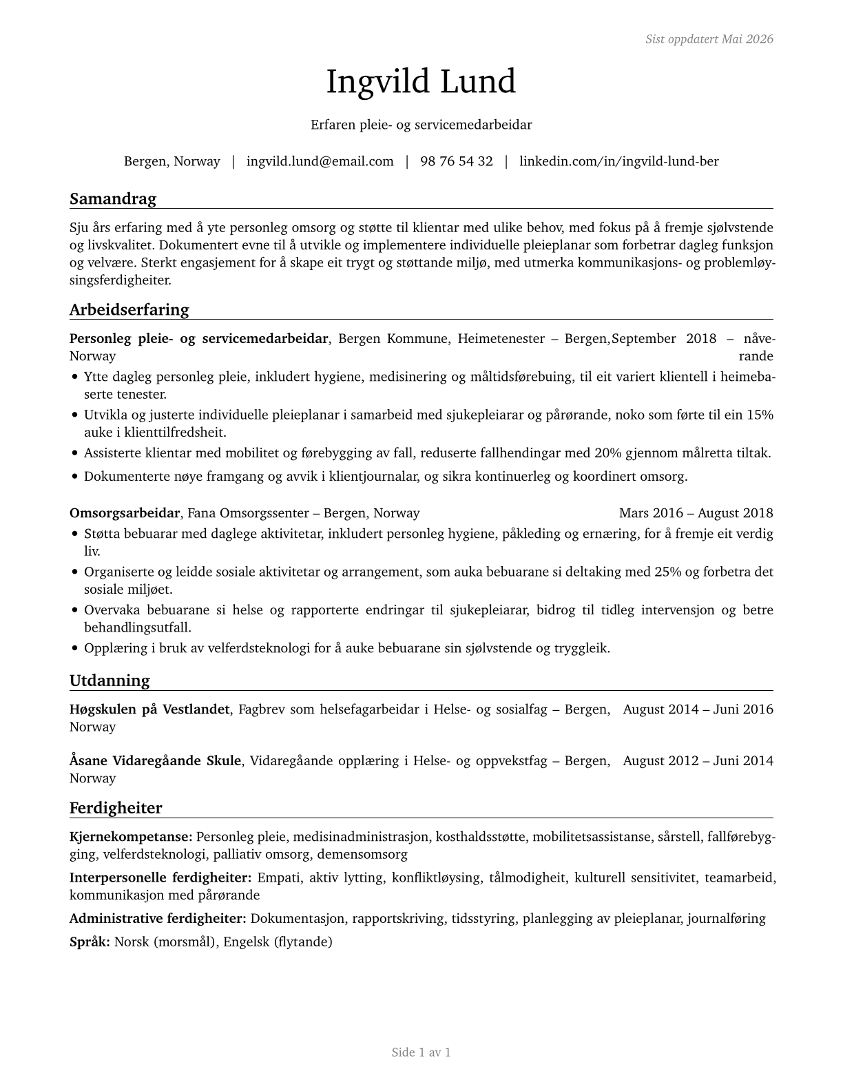 Personal Care and Service Workers, All Other CV in Norwegian_nynorsk — page 1