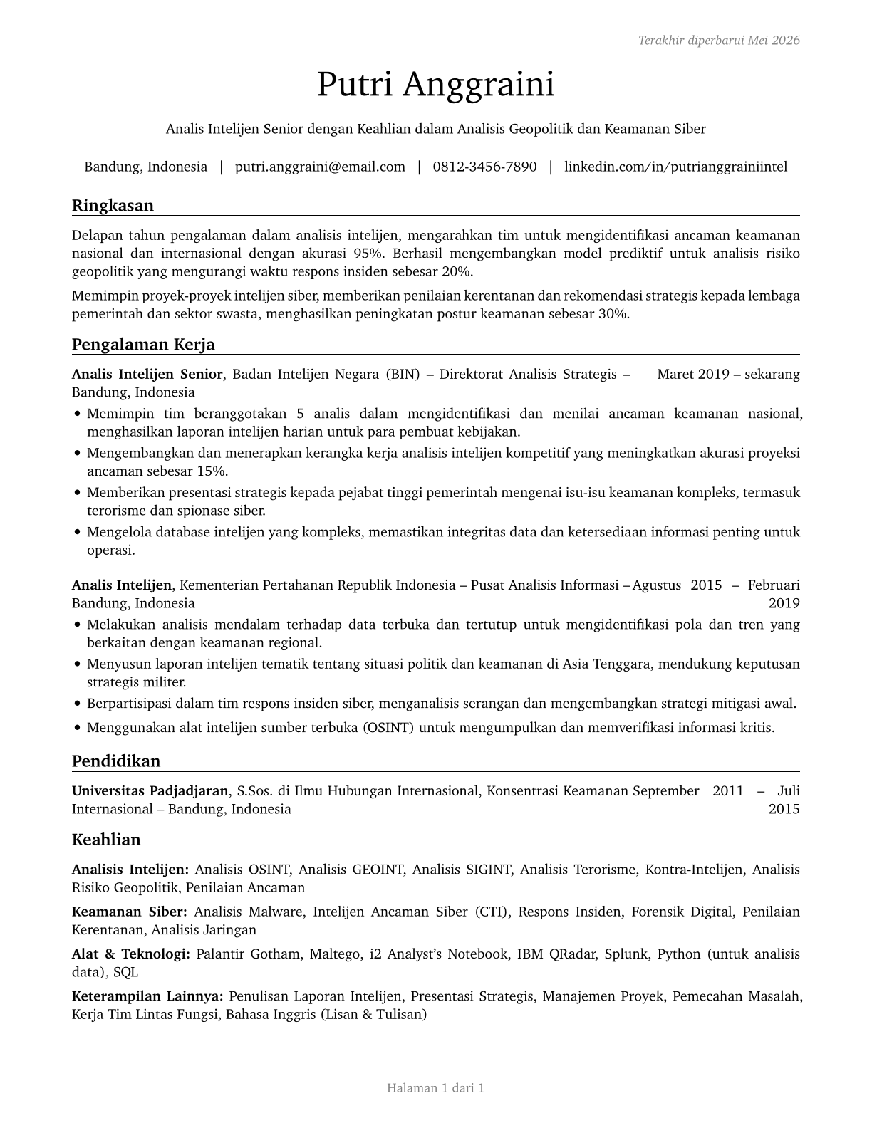 Intelligence Analysts CV in Indonesian — page 1
