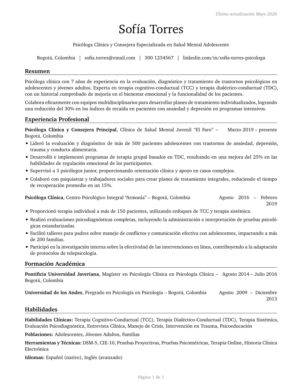 Clinical and Counseling Psychologists CV in Spanish — page 1