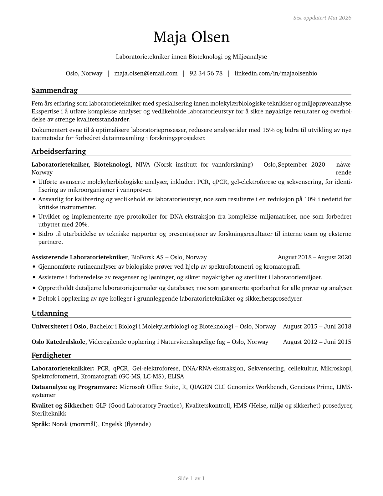Life, Physical, and Social Science Technicians, All Other CV in Norwegian_bokmal — page 1