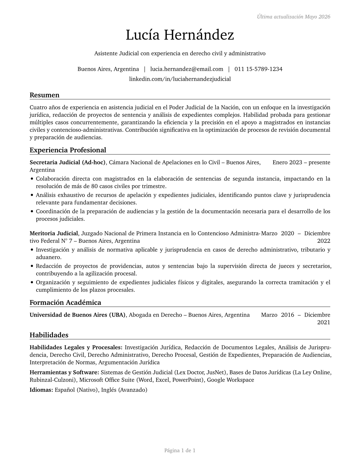 Judicial Law Clerks CV in Spanish — page 1