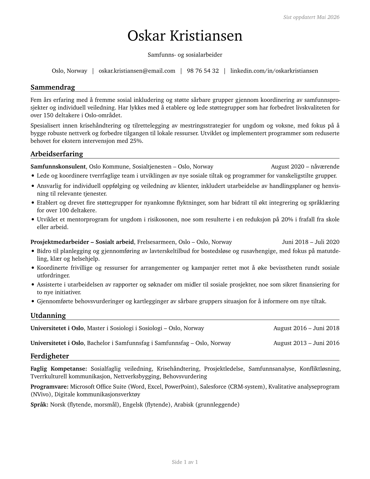 Community and Social Service Specialists, All Other CV in Norwegian_bokmal — page 1