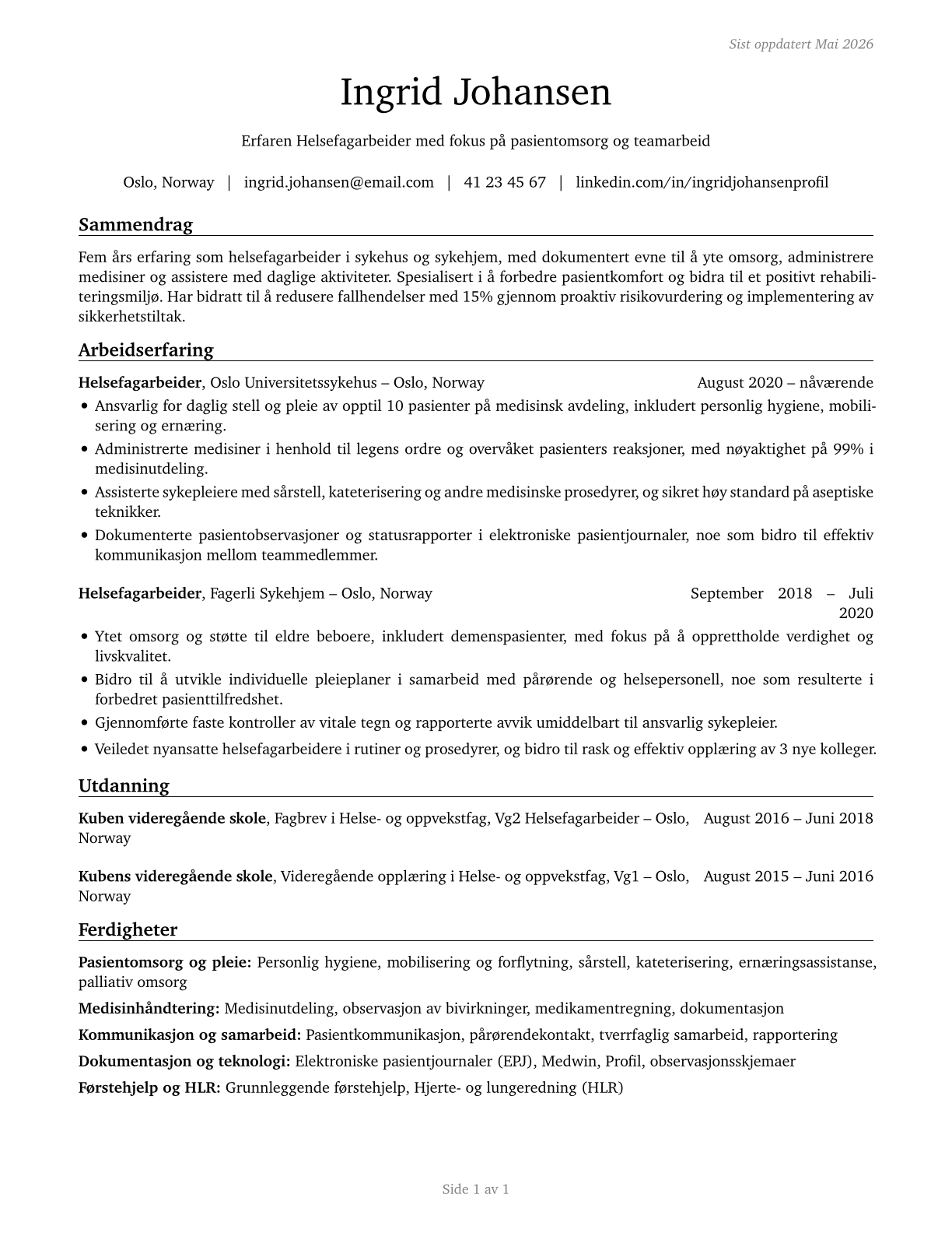 Nursing Assistants CV in Norwegian_bokmal — page 1