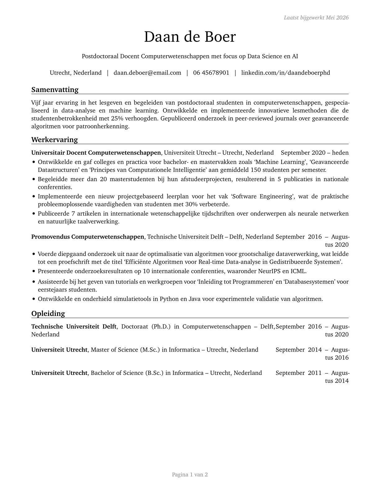 Computer Science Teachers, Postsecondary CV in Dutch — page 1