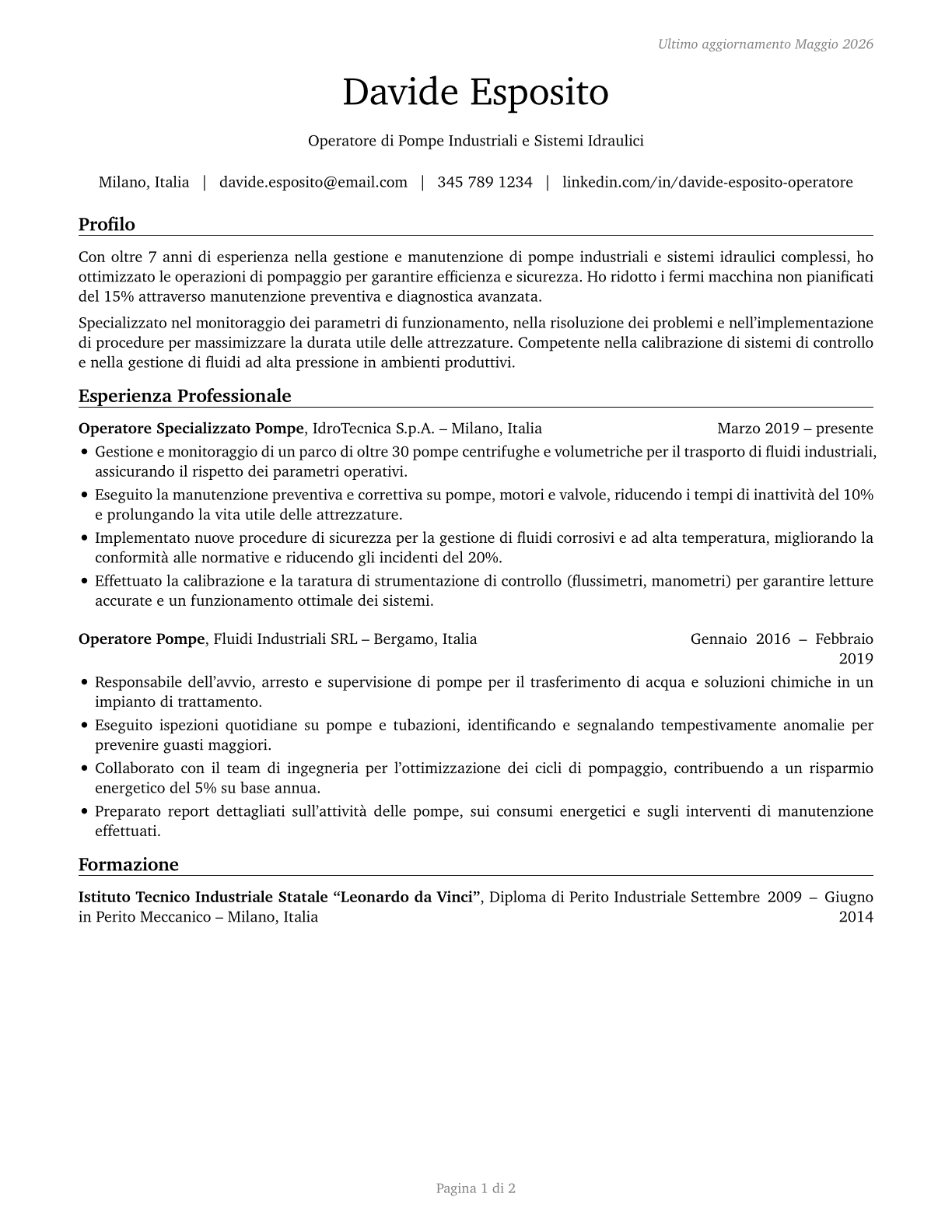 Pump Operators, Except Wellhead Pumpers CV in Italian — page 1