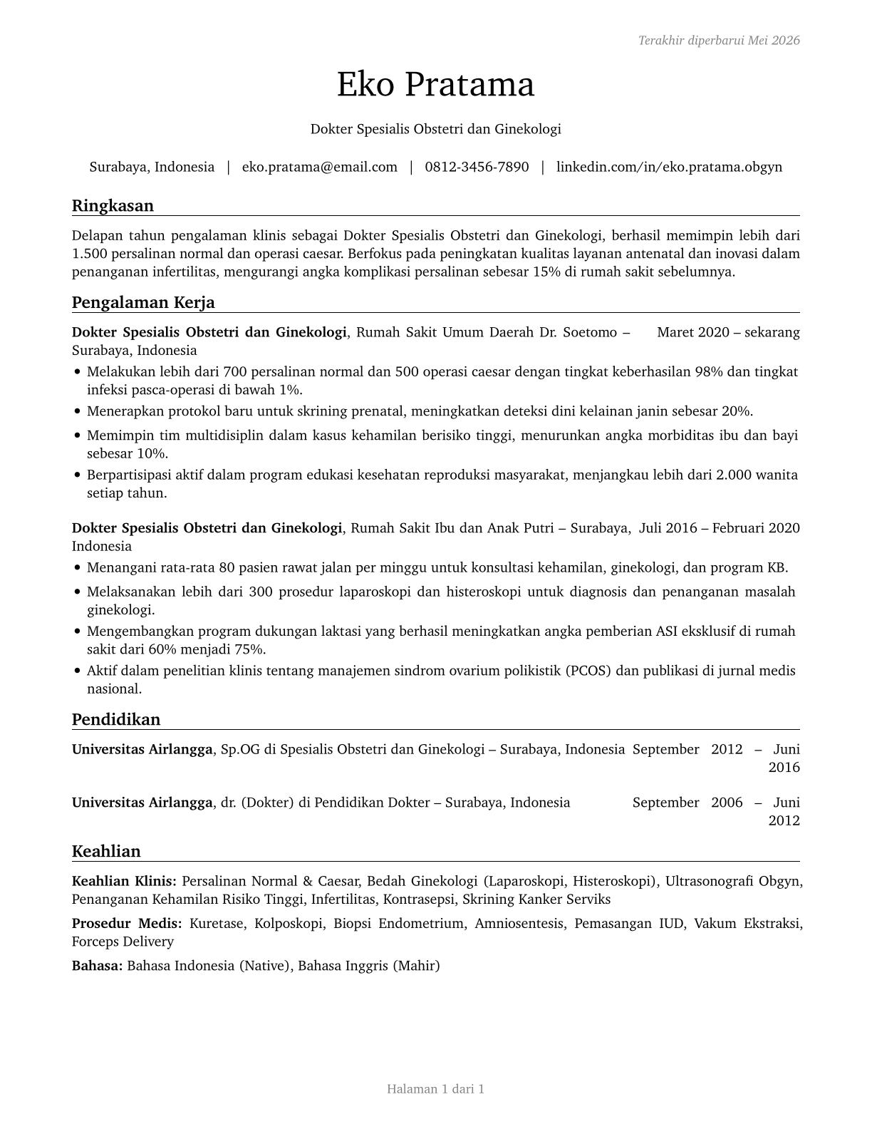 Obstetricians and Gynecologists CV in Indonesian — page 1
