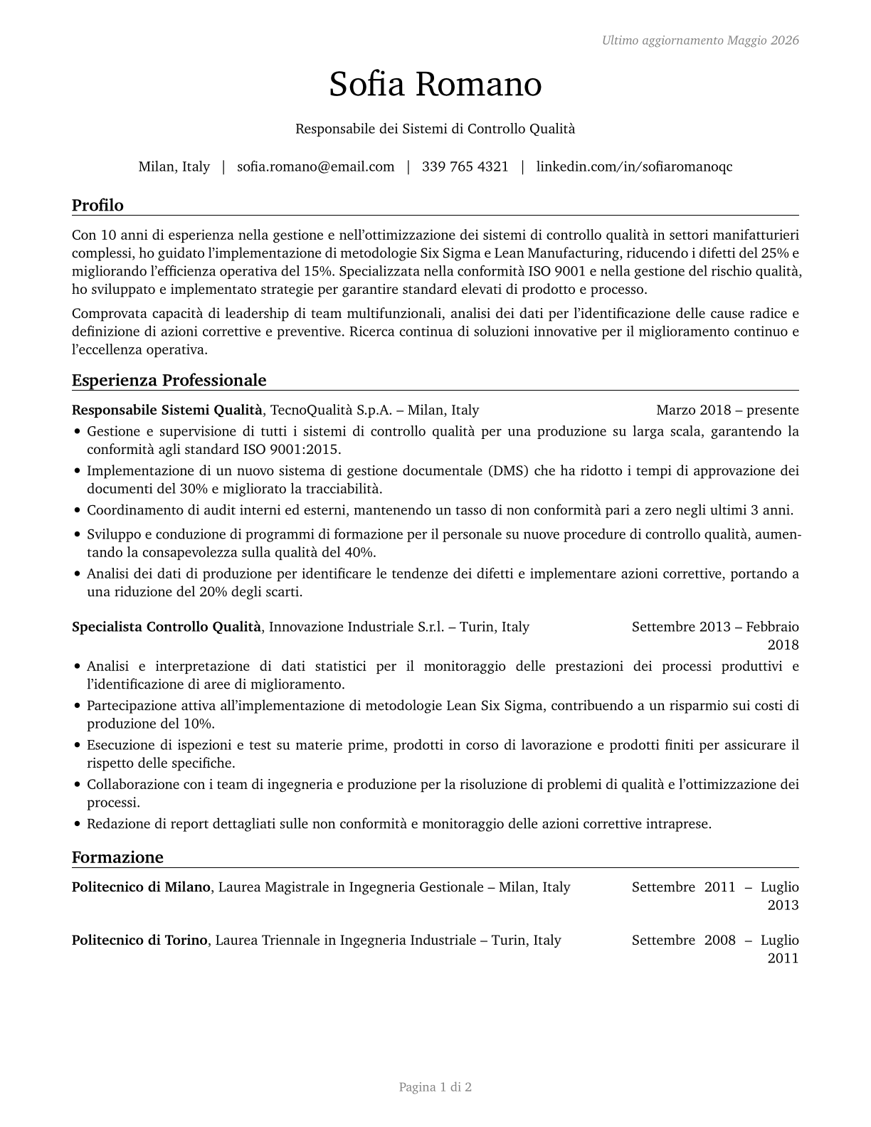 Quality Control Systems Managers CV in Italian — page 1