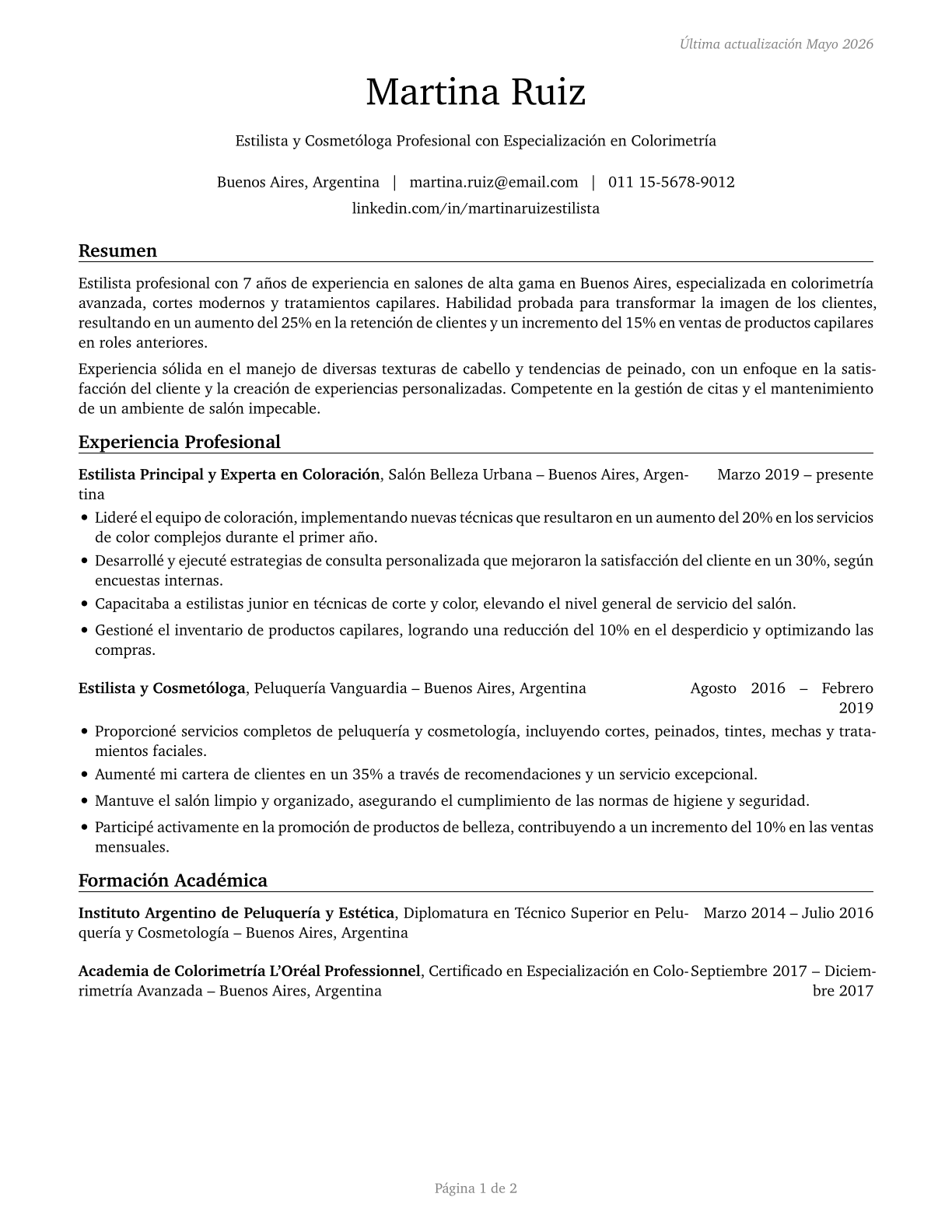 Hairdressers, Hairstylists, and Cosmetologists CV in Spanish — page 1
