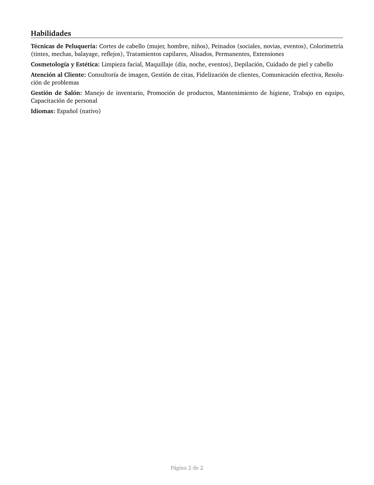 Hairdressers, Hairstylists, and Cosmetologists CV in Spanish — page 2