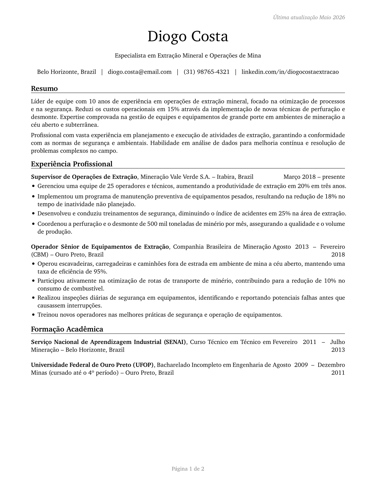 Extraction Workers, All Other CV in Portuguese — page 1