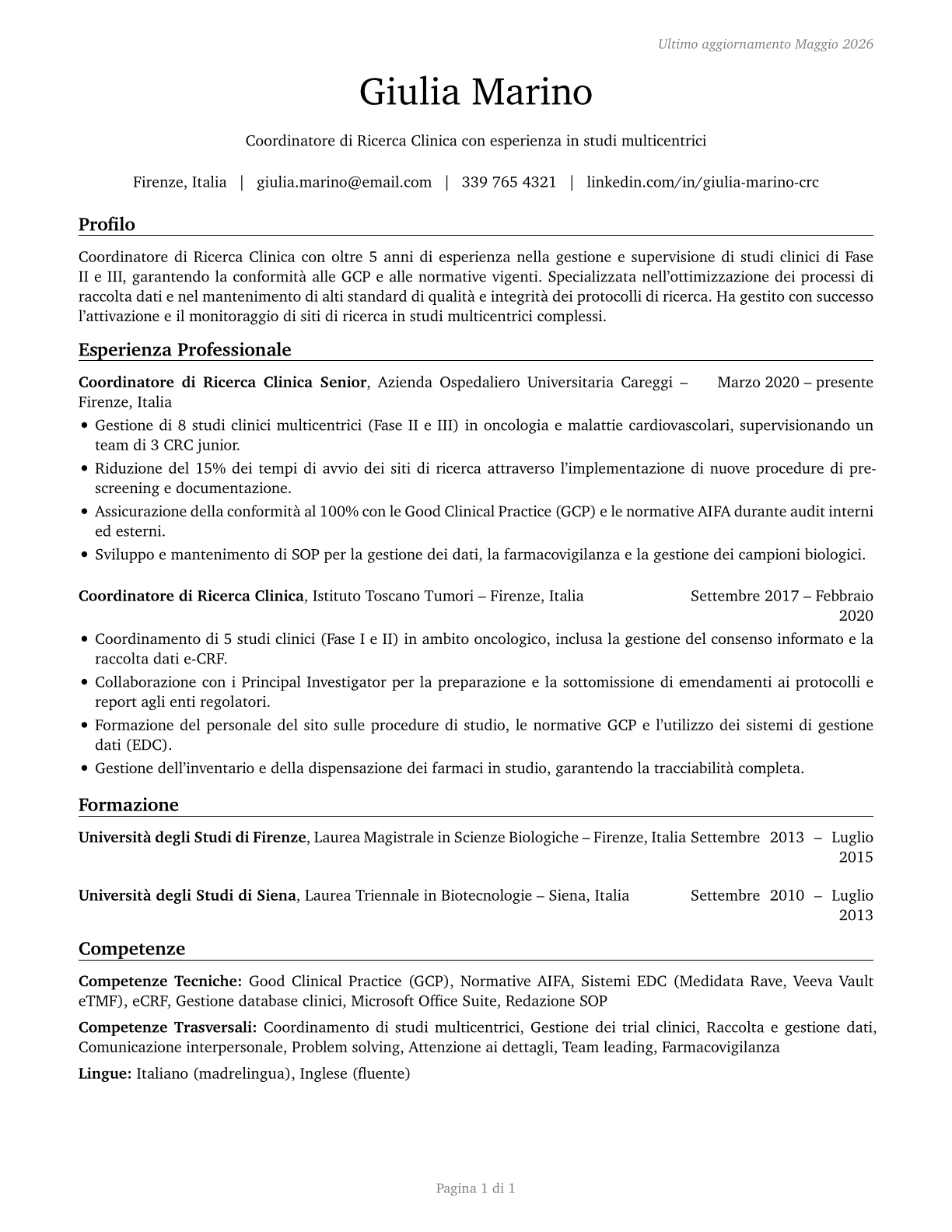 Clinical Research Coordinators CV in Italian — page 1