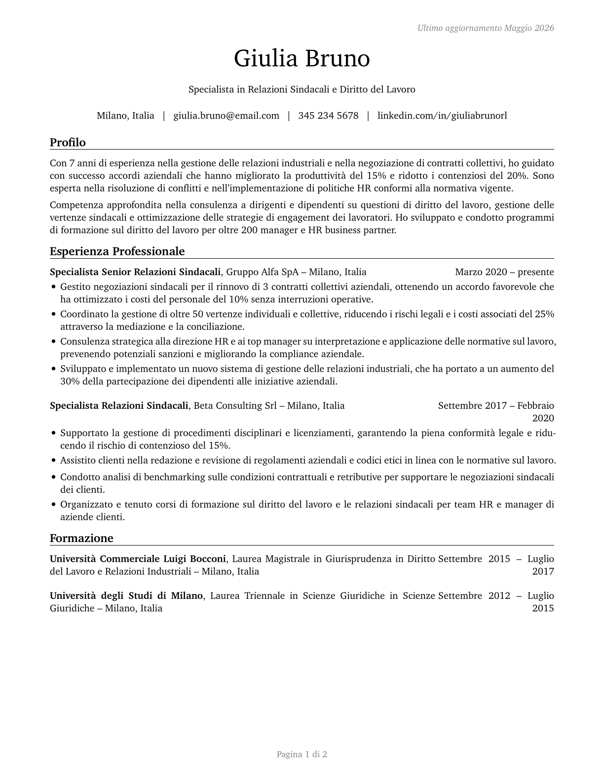 Labor Relations Specialists CV in Italian — page 1