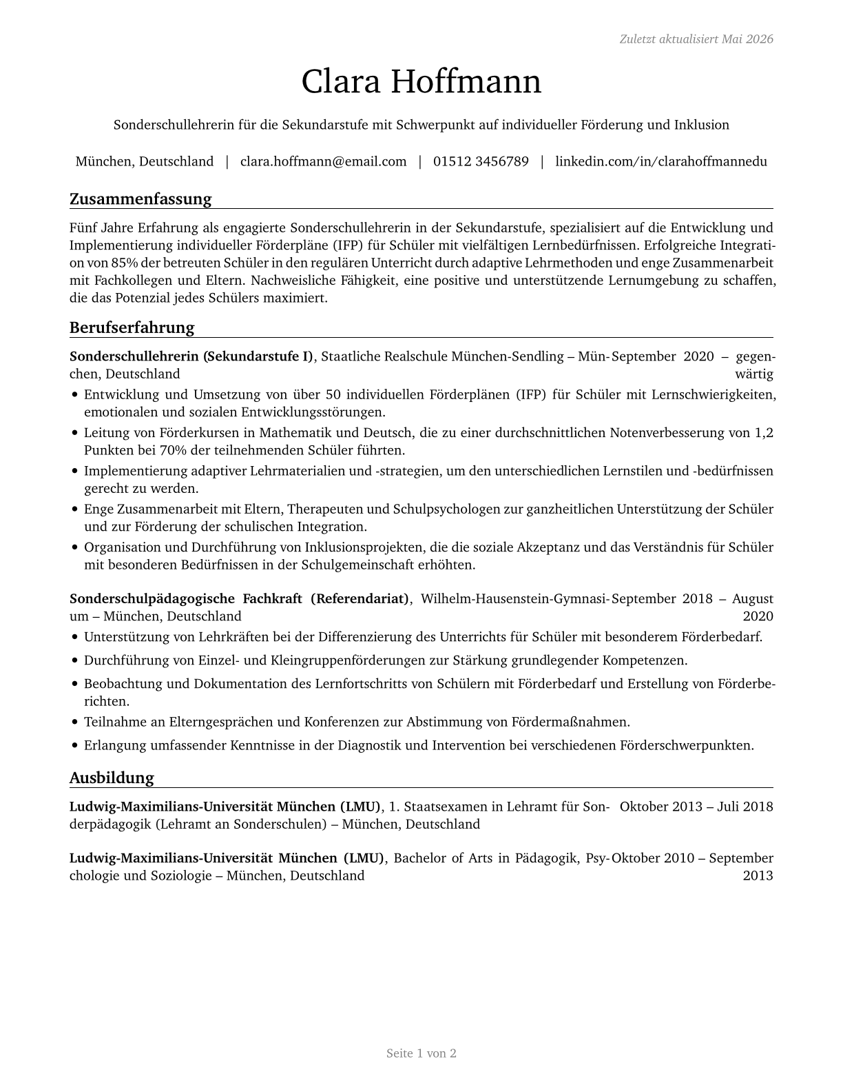 Special Education Teachers, Secondary School CV in German — page 1