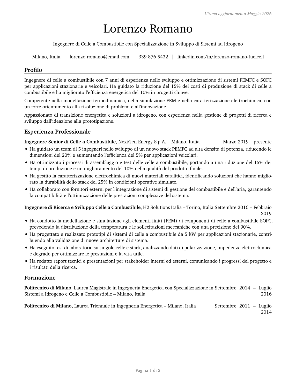 Fuel Cell Engineers CV in Italian — page 1