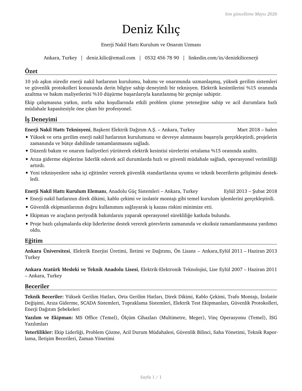 Electrical Power-Line Installers and Repairers CV in Turkish — page 1