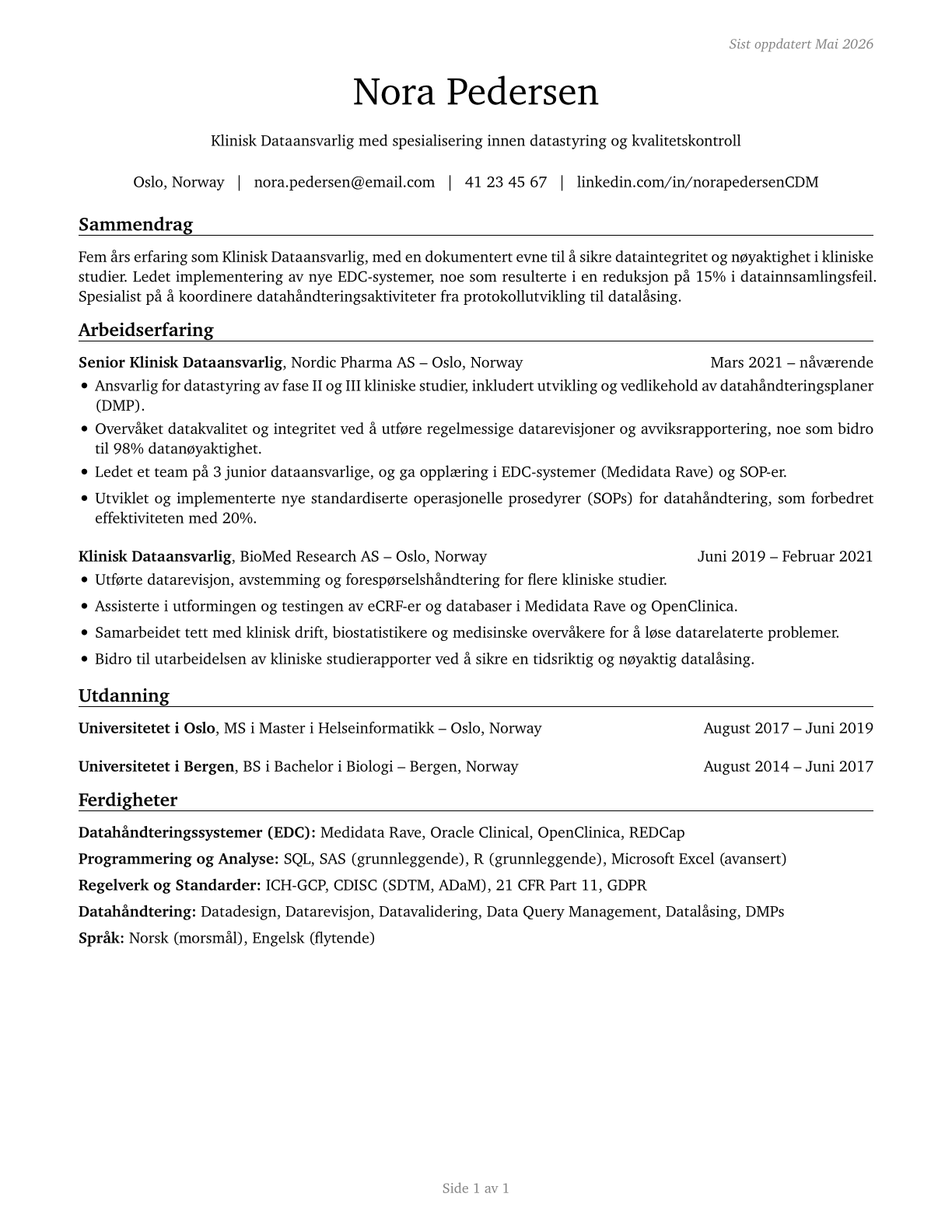 Clinical Data Managers CV in Norwegian_bokmal — page 1