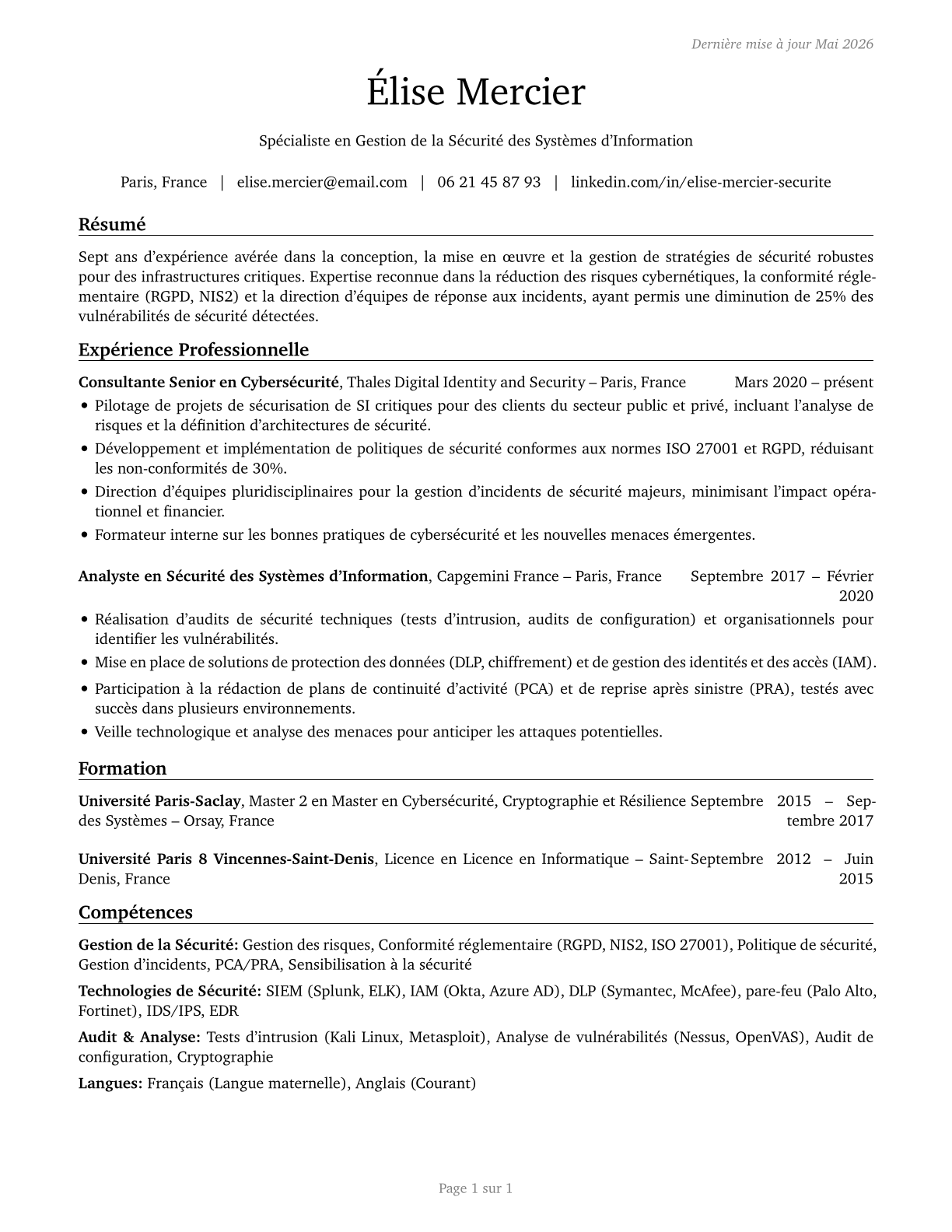 Security Management Specialists CV in French — page 1