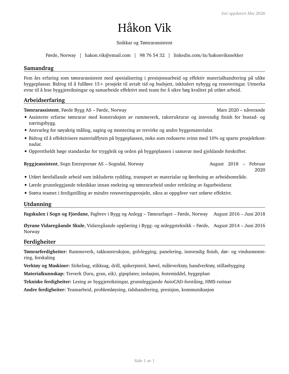 Helpers--Carpenters CV in Norwegian_nynorsk — page 1